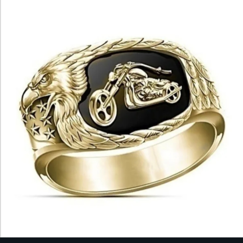 Gold stainless steel men's motorcycle ring necklace engraved American eagle sz 9